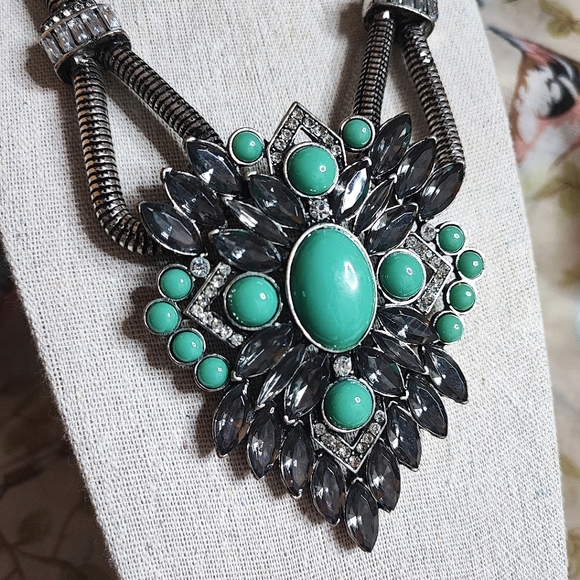 Turquoise Cabochon Statement Necklace Clear Baguette Smoke Navette Stones Pewter - Picture 6 of 15
